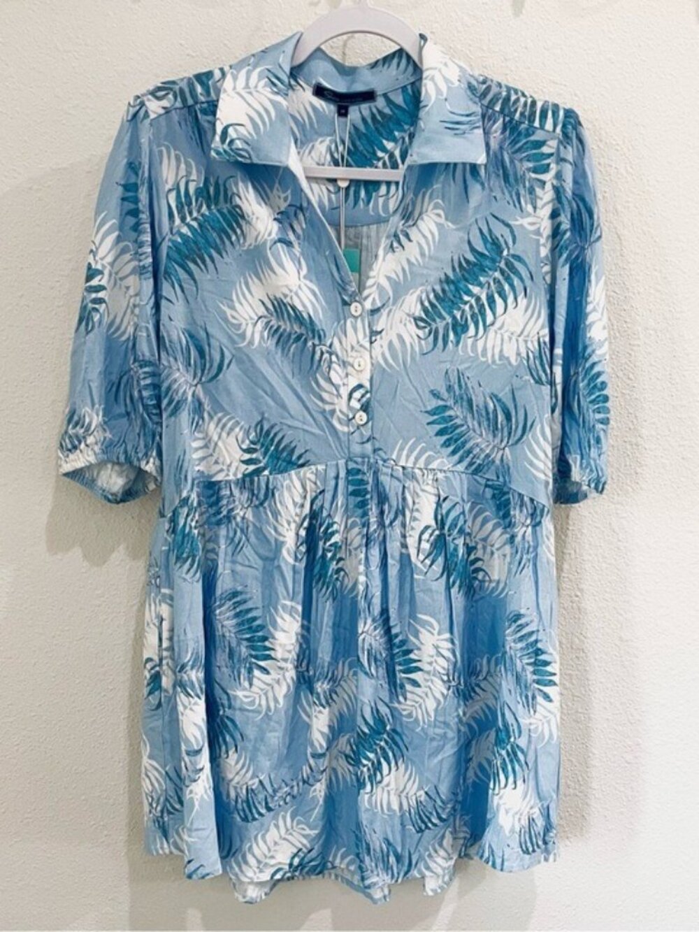 Shore Brand Linen Tropical Dress Boho Beach Babydoll Oversized Resort Blue